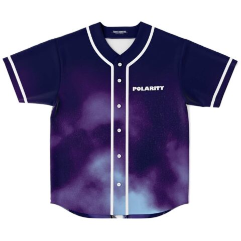 Purple and blue cosmic nebula rave baseball jersey with Polarity text, front flat lay
