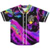 Front view of psychedelic liquid swirl baseball jersey with white button placket and glowing orb