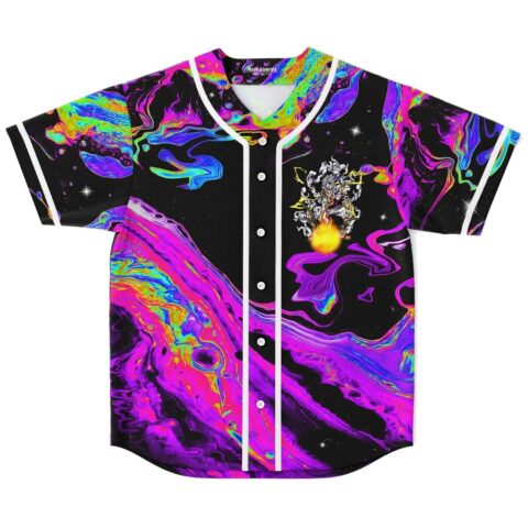 Front view of psychedelic liquid swirl baseball jersey with white button placket and glowing orb