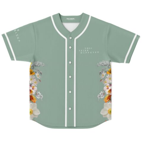 Sage wildflower rave baseball jersey front view with This Never Happened text and floral hem