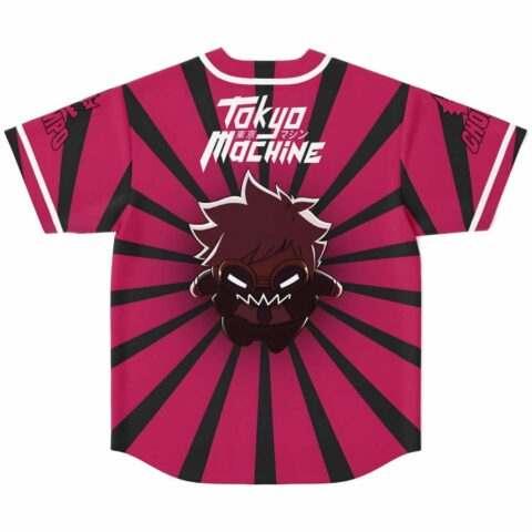 Rising sun stripe baseball jersey back with cartoon monster mascot and Tokyo Machine text