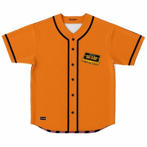 Tape B orange cassette rave baseball jersey flat lay showing front button placket and chest