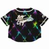 Back view of the rave cropped baseball jersey with a vibrant starburst design