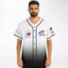 Man wearing white and black ombre rave baseball jersey with tie-dye triangle logo patch