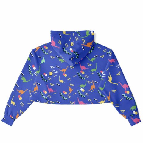 Back view of cropped hoodie featuring vibrant dinosaur design