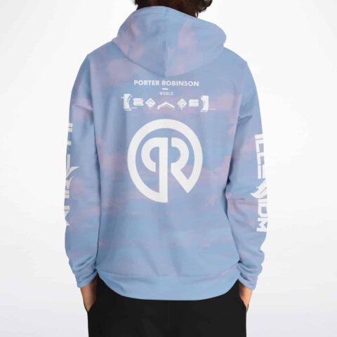 Cloud print rave hoodie back view with circular logo and sleeve text