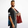Man models black jersey open to reveal red hypnotic spiral op-art reversible lining
