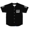 Front view of black rave baseball jersey with angry cassette logo and Barely Alive text