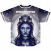 Embarkation graphic baseball jersey with cosmic queen portrait and starship tunnel, back view