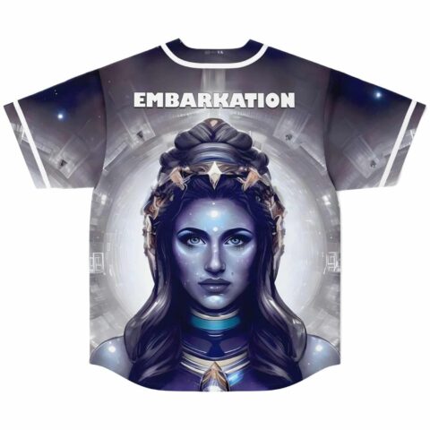 Embarkation graphic baseball jersey with cosmic queen portrait and starship tunnel, back view