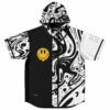 Black and white swirl hooded baseball jersey with melting smiley patch on front