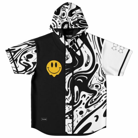 Black and white swirl hooded baseball jersey with melting smiley patch on front