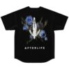 Black rave baseball jersey back view with diving skeletal figure, blue floral print, Afterlife text