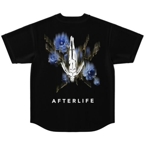 Black rave baseball jersey back view with diving skeletal figure, blue floral print, Afterlife text