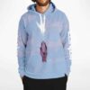 Dreamy sky print hoodie front with winged charm and hand graphic