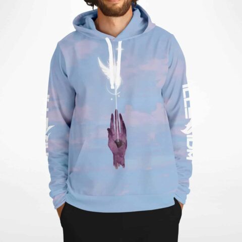 Dreamy sky print hoodie front with winged charm and hand graphic