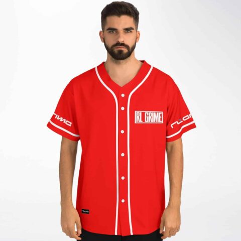 Man wearing red RL Grime baseball jersey with white pinstripe buttons, front view
