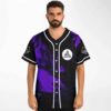 Model wearing purple black liquid marble rave baseball jersey, front view, pyramid logo on chest