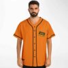 Model wearing orange cassette rave baseball jersey front view with black piping and Tape B
