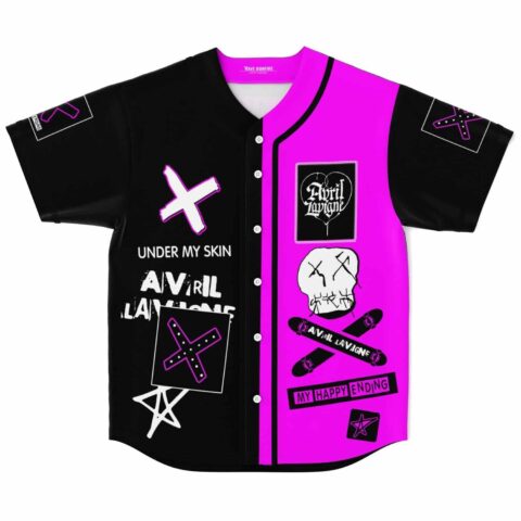 Black and pink punk collage baseball jersey with skull cross and star graphics front view