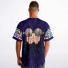 Male model back view wearing navy starburst reversible jersey with sunglasses print