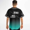 Model back view showing Dom Dolla John Summit text on teal fade jersey