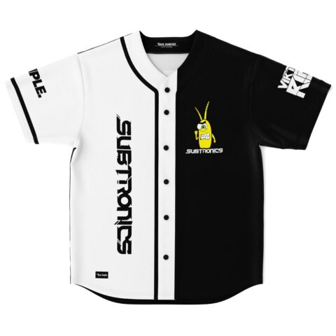Split black and white bass-inspired baseball jersey with angry yellow cartoon creature graphic front view
