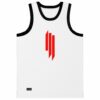White rave basketball jersey with red slashed lines logo on chest, front view
