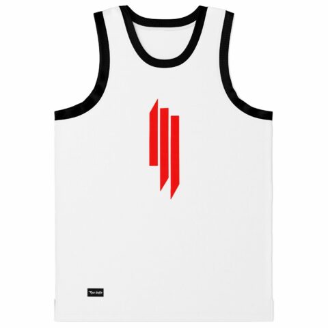 White rave basketball jersey with red slashed lines logo on chest, front view
