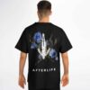 Model wearing black rave baseball jersey back view with blue flowers and diving figure design