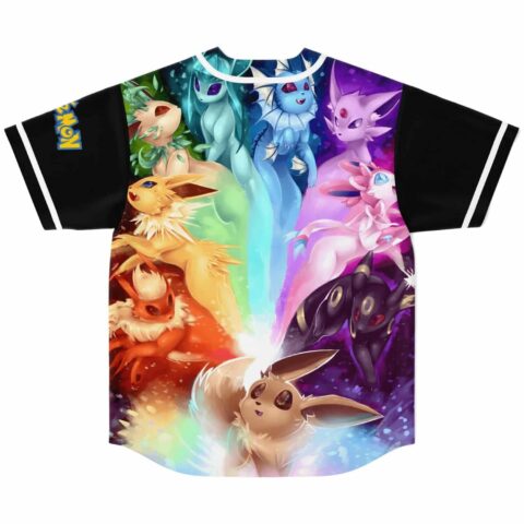 Rainbow evolution creature mural covering back panel of black baseball jersey, flat lay view