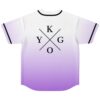 White to purple gradient baseball jersey with crossed letter graphic, back flat lay