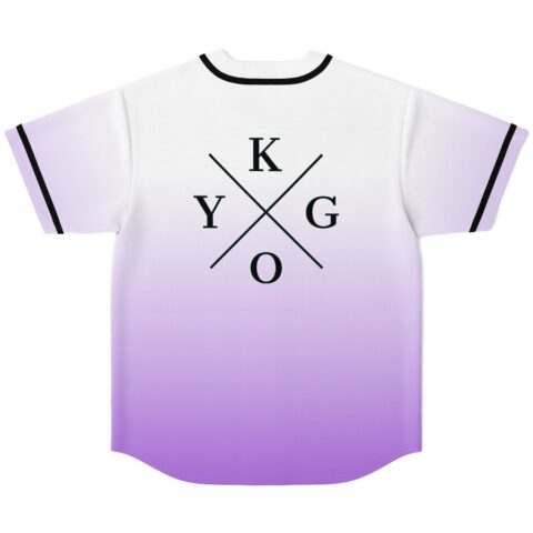 White to purple gradient baseball jersey with crossed letter graphic, back flat lay