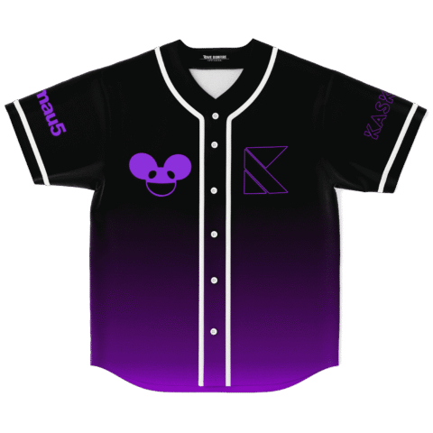 Black baseball jersey with purple mouse head graphic, black to purple gradient fade, front view