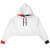 Front view of white cropped hoodie with colored sleeve accents