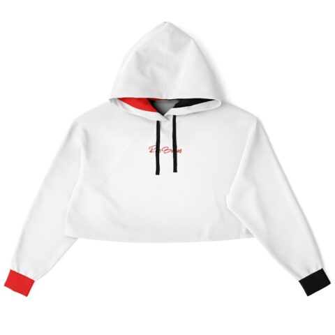 Front view of white cropped hoodie with colored sleeve accents