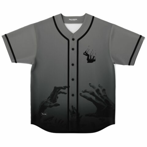 Grey zombie rave baseball jersey front view showing button placket and shadowy grasping hands design