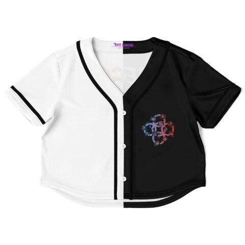 Cropped baseball jersey with black and white split and floral graphics