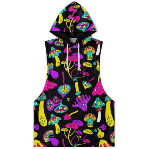 Black sleeveless hoodie with colorful mushroom design