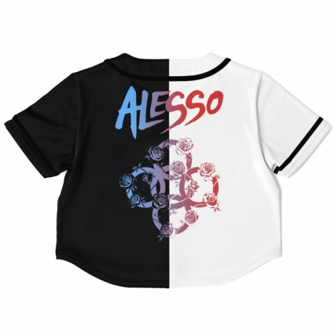 Back view of cropped jersey with bold lettering and rose patterns