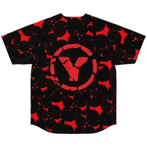 Black bright orbs rave baseball jersey back view with red circular emblem