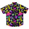 Vibrant short sleeve rave button-down shirt with a colorful mushroom design