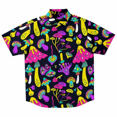 Vibrant short-sleeve shirt with colorful mushroom design