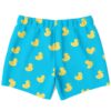 Rubber duck pattern swim shorts back view on turquoise blue fabric