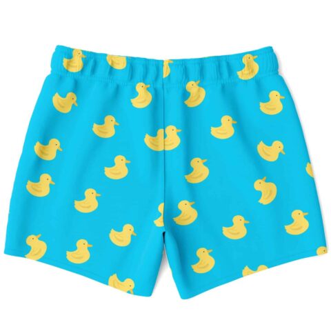 Rubber duck pattern swim shorts back view on turquoise blue fabric