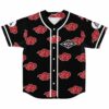 Front view of anime-inspired red cloud print jersey with white button placket and diamond eye