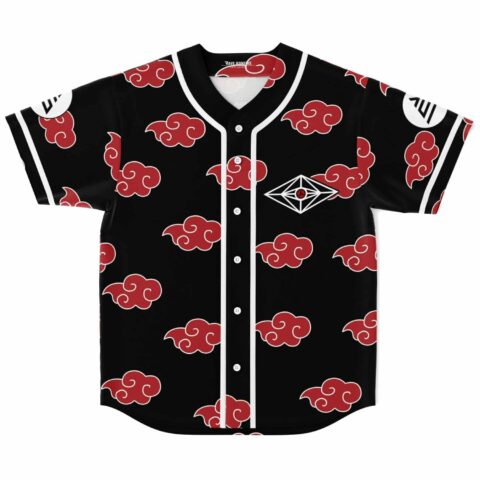 Front view of anime-inspired red cloud print jersey with white button placket and diamond eye