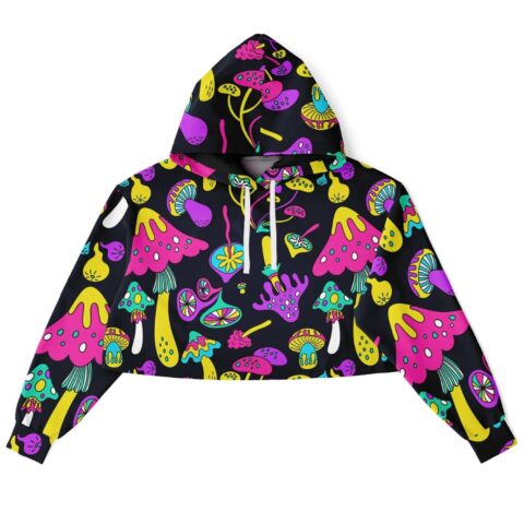 Colorful cropped hoodie featuring various mushroom patterns