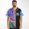 Model wearing warped checkerboard rave jersey with black Robin Schulz panel, front view