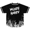 Black rave baseball jersey with white rising flames and More Baby text on back
